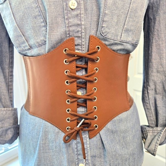 CORSET LACE UP COCO BROWN STRETCH STATEMENT WAIST BELT SNAP CLOSURE WOMEN OS - Picture 2 of 14